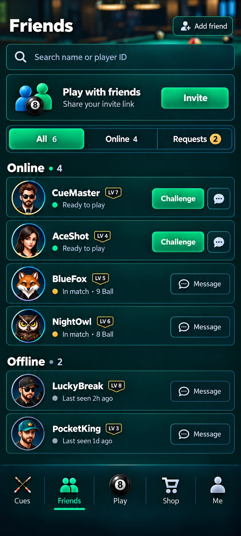CashPool friends screen design showing player list and challenge buttons
