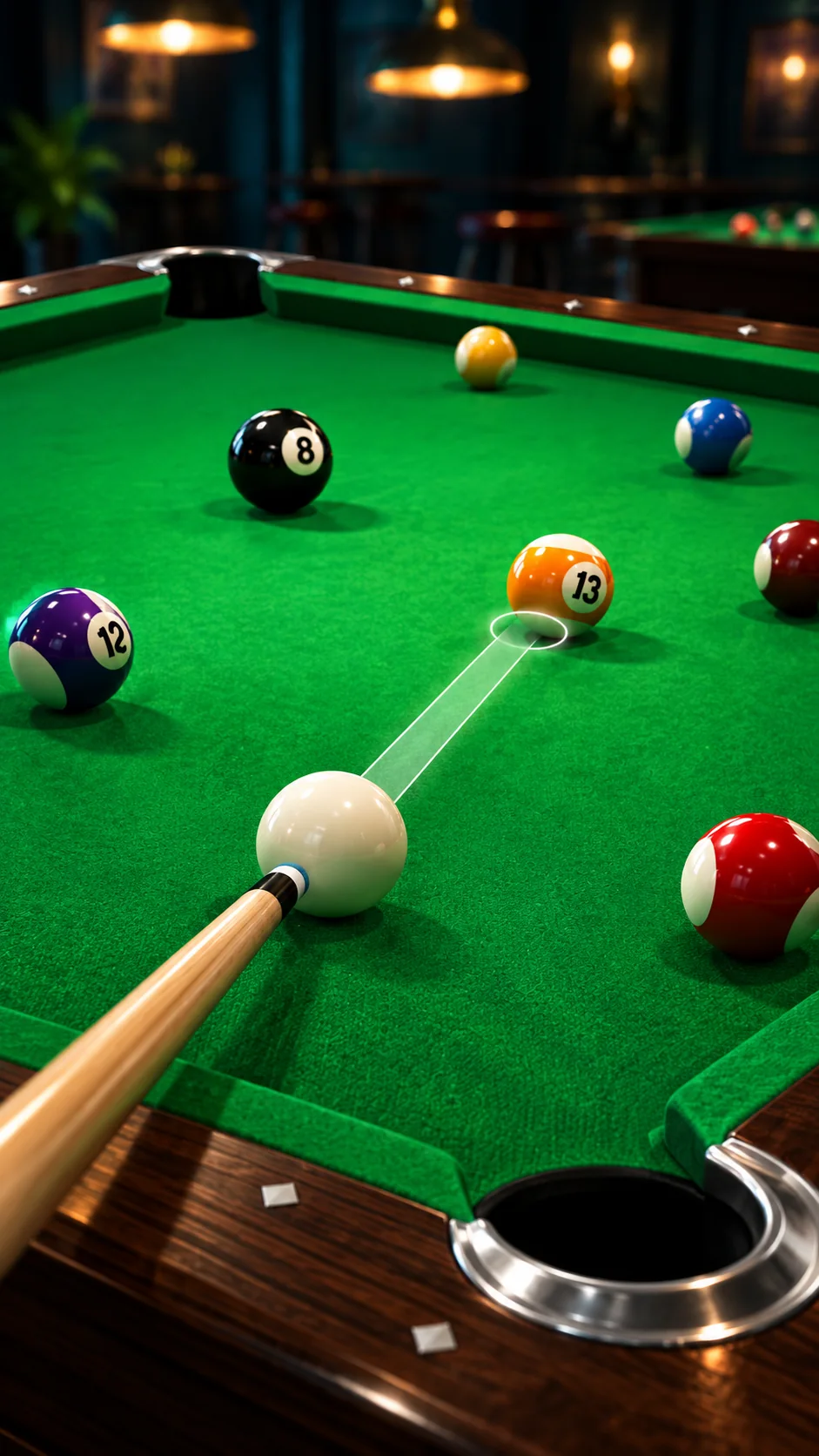 Illustrated cue aiming across a green pool table