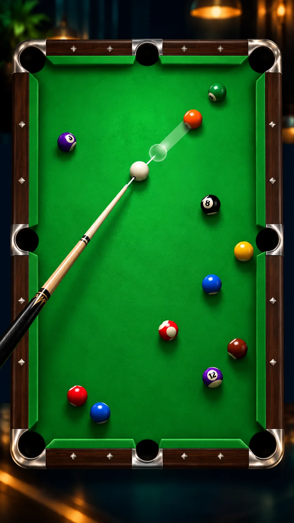 Illustrated green 8-ball table with a cue lining up a shot
